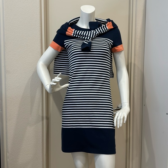Brooks Brothers Blue and White Striped Knit Dress with a ¾ Sleeve Sweater… - Picture 1 of 12
